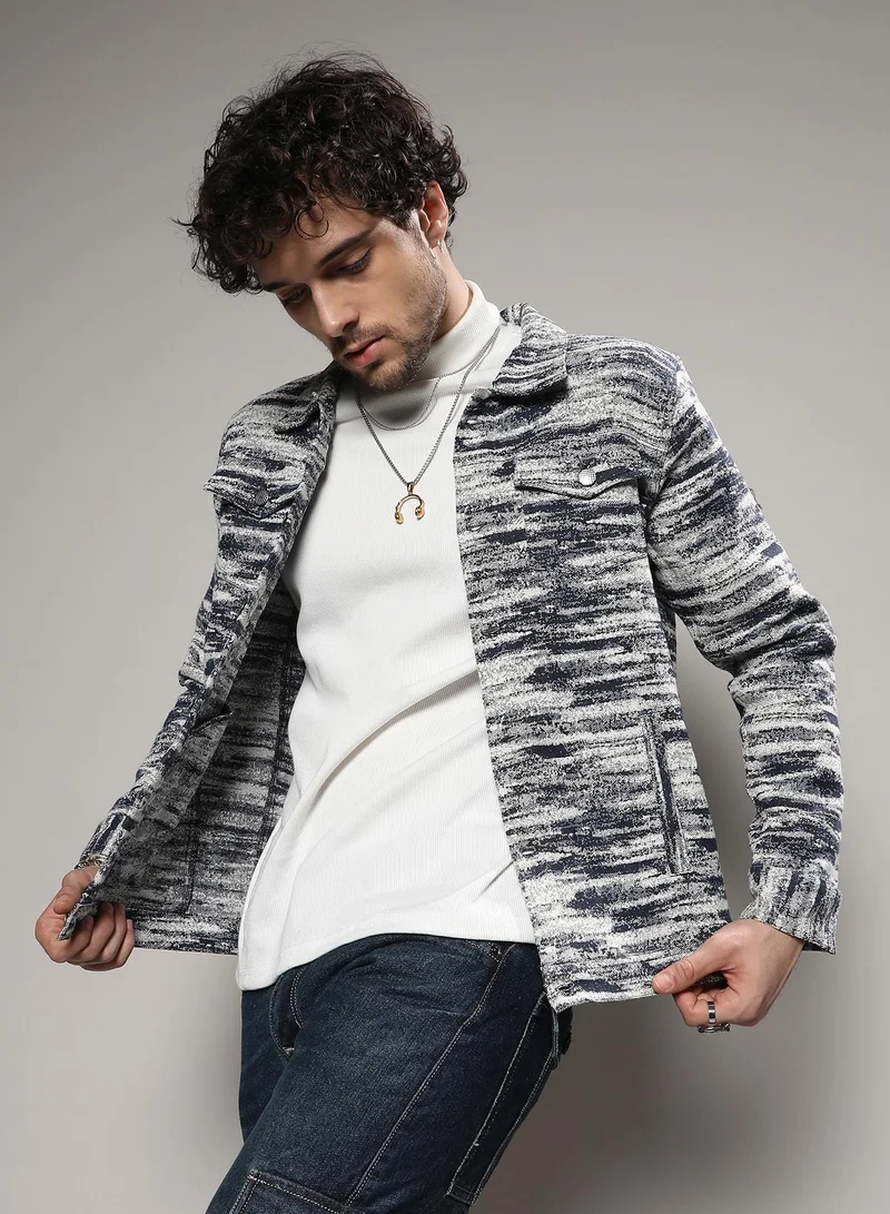 Campus Sutra Men's Navy Blue & Chalk White Contrast Denim Heathered Jacket