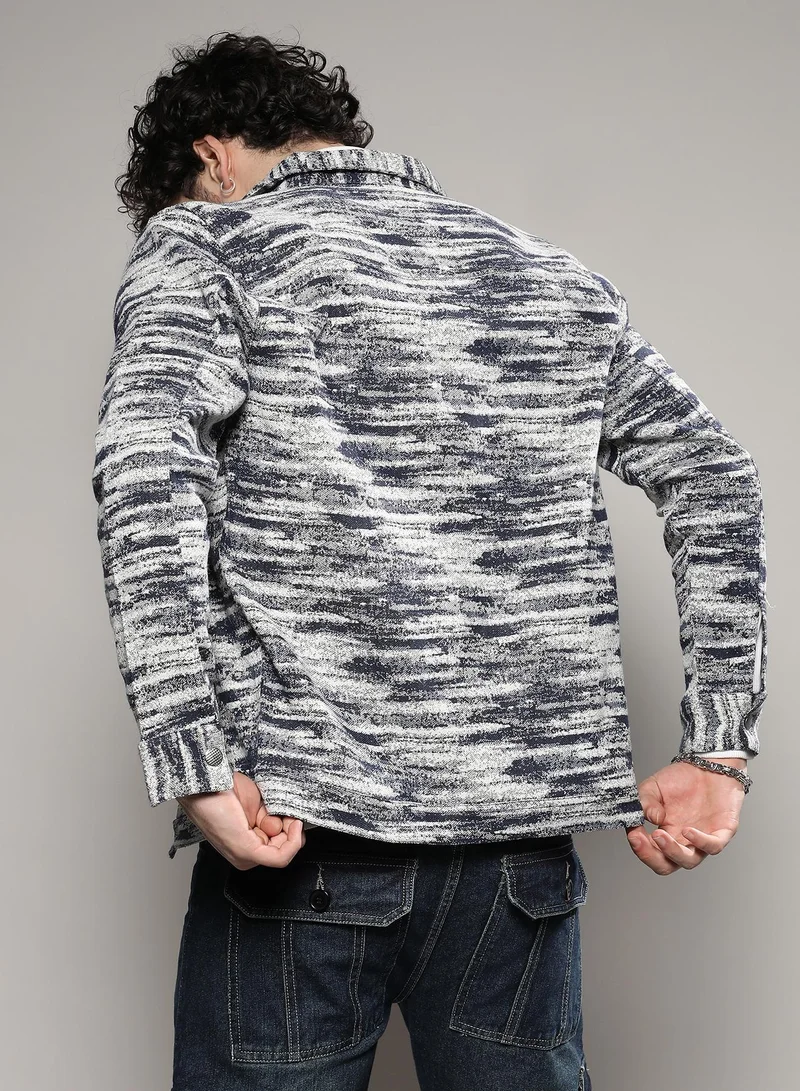 Campus Sutra Men's Navy Blue & Chalk White Contrast Denim Heathered Jacket
