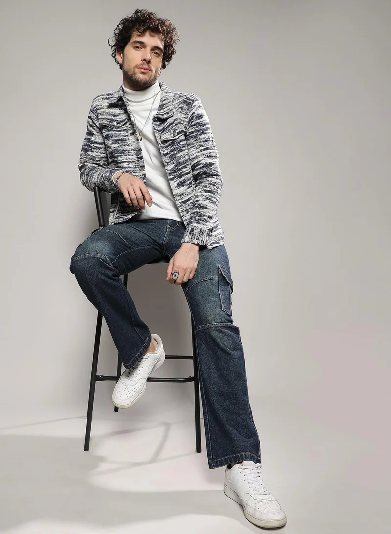 Campus Sutra Men's Navy Blue & Chalk White Contrast Denim Heathered Jacket