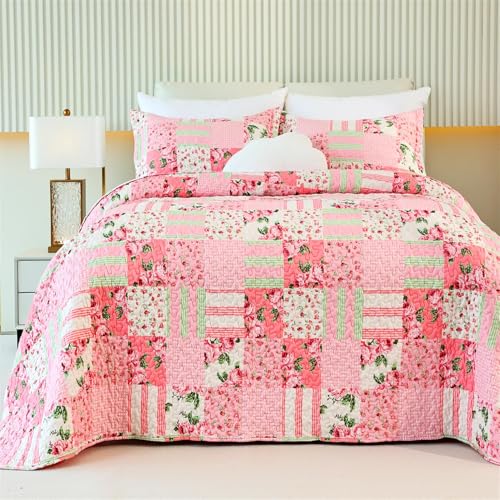 Cmfshape Garden Floral Quilt Bedspread Twin Size,1 Piece Patchwork Pink Quilt Set with 1 Pillow Sham,Summer Bedding Set for Girls Women,Soft Lightweight Bed Coverlet for All Seasons(Twin68x86 Pink) - Image 2