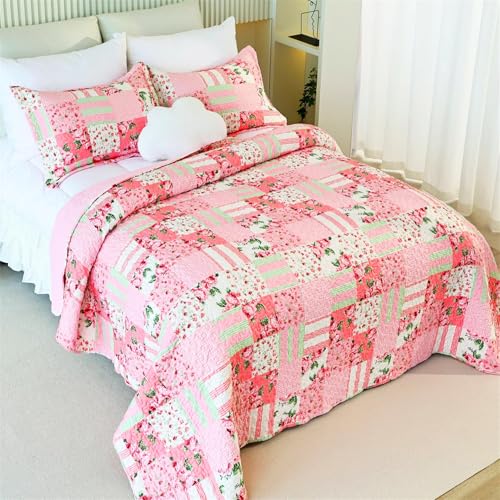 Cmfshape Garden Floral Quilt Bedspread Twin Size,1 Piece Patchwork Pink Quilt Set with 1 Pillow Sham,Summer Bedding Set for Girls Women,Soft Lightweight Bed Coverlet for All Seasons(Twin68x86 Pink) - Image 3