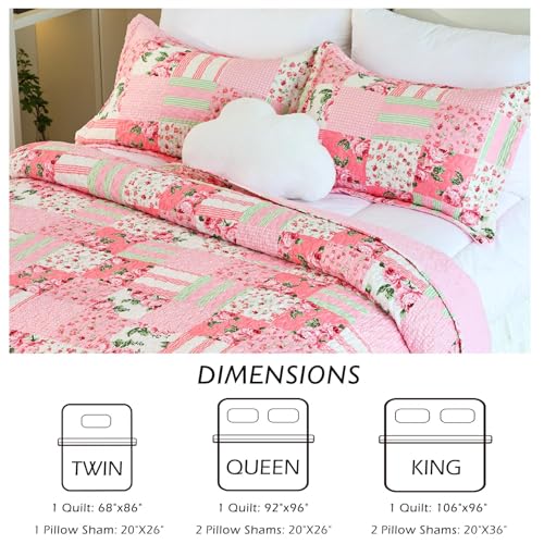 Cmfshape Garden Floral Quilt Bedspread Twin Size,1 Piece Patchwork Pink Quilt Set with 1 Pillow Sham,Summer Bedding Set for Girls Women,Soft Lightweight Bed Coverlet for All Seasons(Twin68x86 Pink) - Image 4