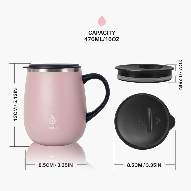 Ideus 16 oz Insulated Coffee Mug with Handle and Lid, Double Wall Stainless Steel Vacuum Thermal Coffee Mug, Travel Coffee Cup Thermal Cup for Home and Office, Sakura Pink - Image 5