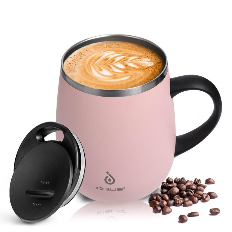 Ideus 16 oz Insulated Coffee Mug with Handle and Lid, Double Wall Stainless Steel Vacuum Thermal Coffee Mug, Travel Coffee Cup Thermal Cup for Home and Office, Sakura Pink - Image 1