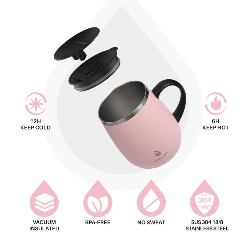 Ideus 16 oz Insulated Coffee Mug with Handle and Lid, Double Wall Stainless Steel Vacuum Thermal Coffee Mug, Travel Coffee Cup Thermal Cup for Home and Office, Sakura Pink - Image 2
