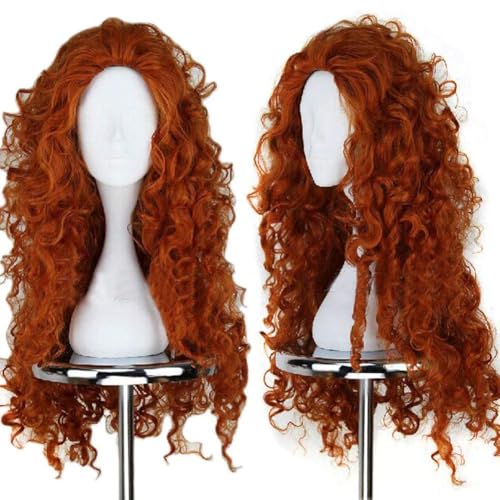 ANOGOL Hair Cap+Orange Curly Wig for Princess Costume, Copper Wig Red Orange Long for Halloween Costume Cosplay Wig Anime Cosplay, Peluca Rizada Naranja Curly Wig for Halloween Party - Image 1