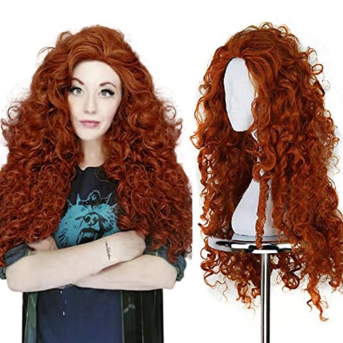 ANOGOL Hair Cap+Orange Curly Wig for Princess Costume, Copper Wig Red Orange Long for Halloween Costume Cosplay Wig Anime Cosplay, Peluca Rizada Naranja Curly Wig for Halloween Party - Image 2