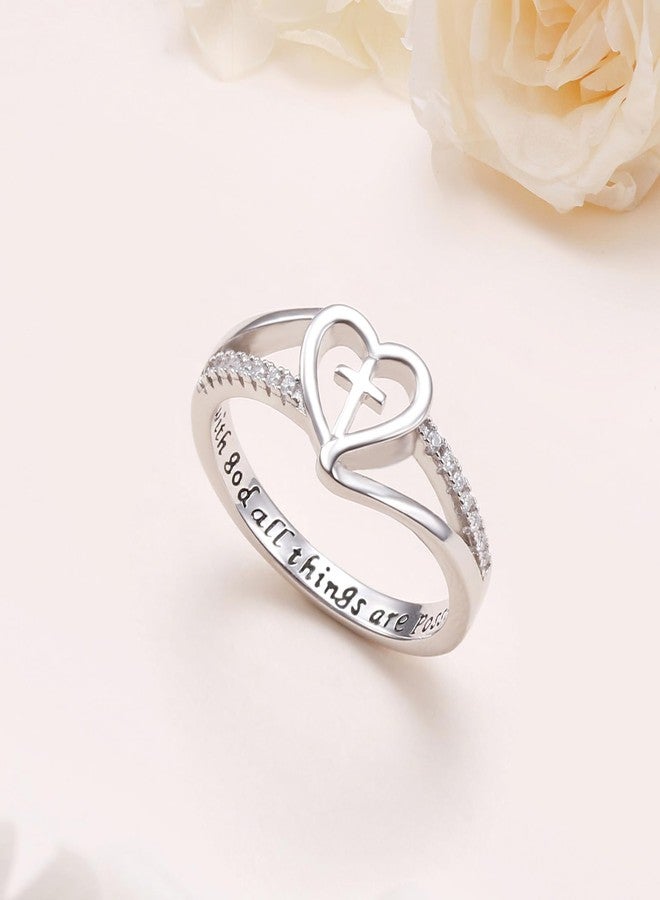 DAOCHONG S925 Sterling Silver Christian Cross Heart Inspirational Faith Bible Verse Ring for Women Teen Jewelry (7) - Image 4