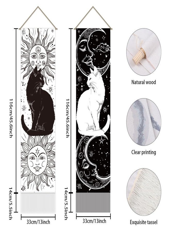 AHANDMAKER Pack of 2 Black and White Cat Tapestries Sun and Moon Tapestry Vintage Black White Tassel Tapestry Wall Hanging for Bedroom Living Room Home, 13 x 51 Inch - Image 3