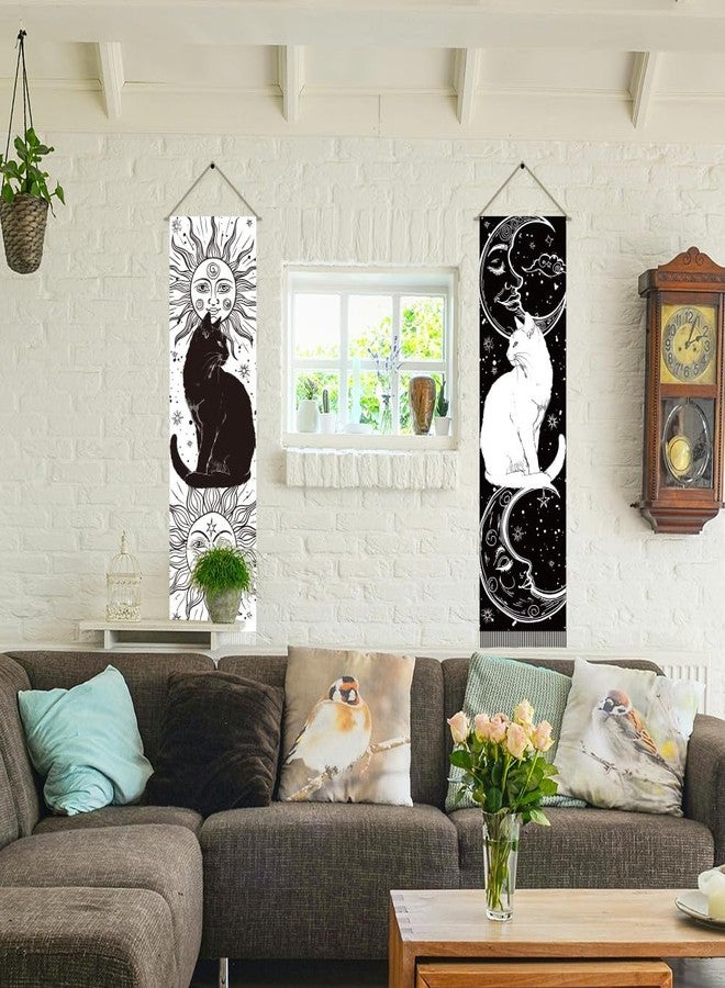 AHANDMAKER Pack of 2 Black and White Cat Tapestries Sun and Moon Tapestry Vintage Black White Tassel Tapestry Wall Hanging for Bedroom Living Room Home, 13 x 51 Inch - Image 4