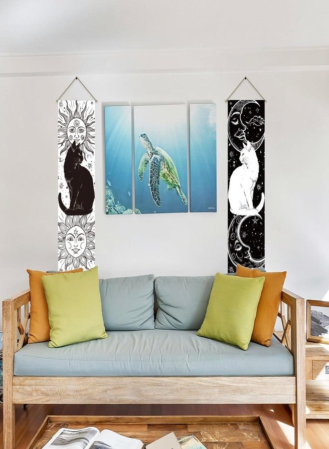 AHANDMAKER Pack of 2 Black and White Cat Tapestries Sun and Moon Tapestry Vintage Black White Tassel Tapestry Wall Hanging for Bedroom Living Room Home, 13 x 51 Inch - Image 5