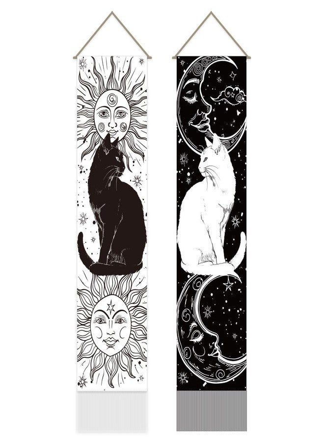 AHANDMAKER Pack of 2 Black and White Cat Tapestries Sun and Moon Tapestry Vintage Black White Tassel Tapestry Wall Hanging for Bedroom Living Room Home, 13 x 51 Inch - Image 1