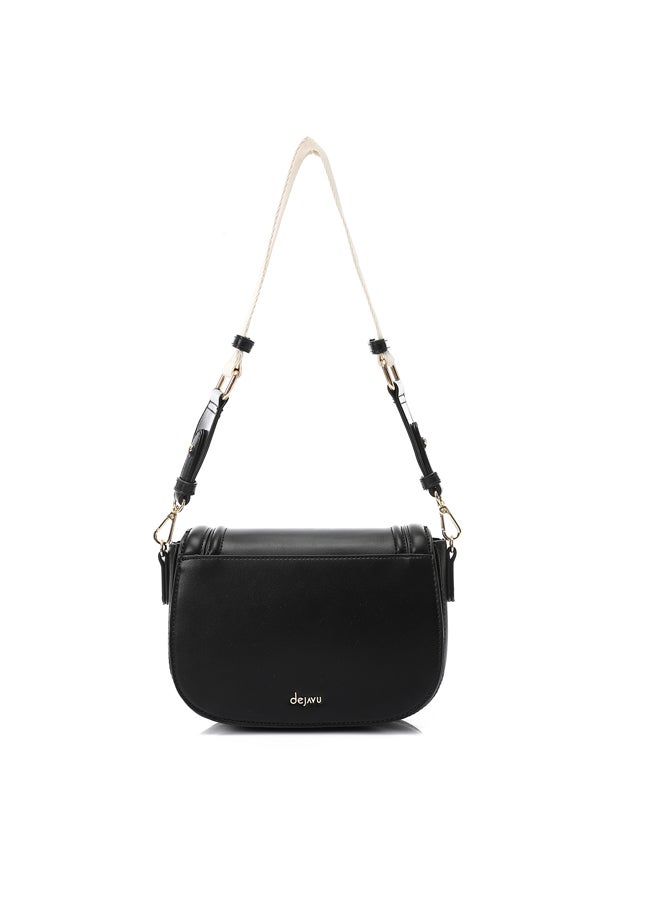 DejaVu Black Plain Leather Casual Cross-Body Bag - Image 2