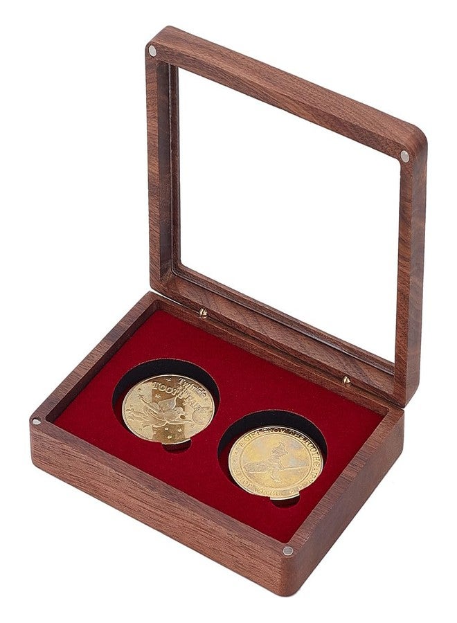 PLIGREAT Wood Double Coins Display Box, Rectangular Coin Collection Display Wooden Challenge Coin Presentation Displays Box Storage Case Commemorative Coins Holder for Collectors, 5.2"x3.8" - Image 1