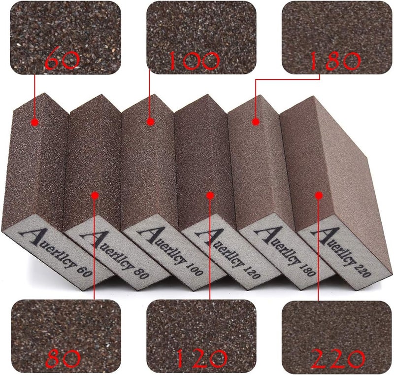 Auerllcy Sanding Sponge, 6 Pieces 60/80/100/120/180/220 Grit Sanding Blocks Assortment, Coarse/Medium/Fine. Washable and Reusable. - Image 3