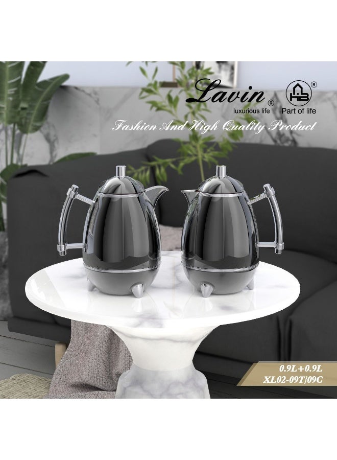 Lavin Luxury Flask Set 900ml+900ml/ Arabic Fashion Coffee (Kawa) & Tea Thermos / Metal Body / Premium Glass Inner / Hot&Cold / HB