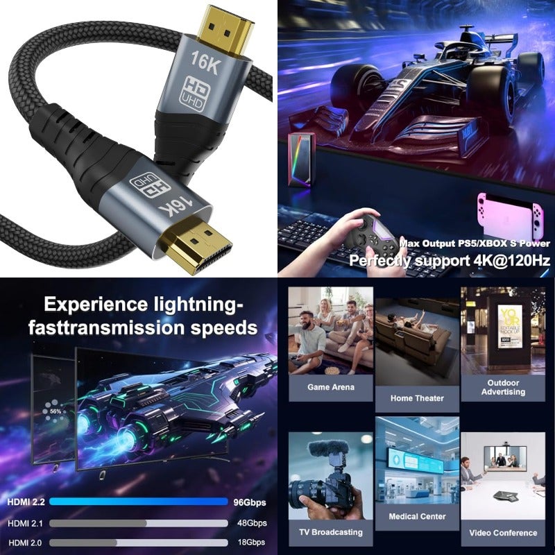 كابل HDMI 2.2 بسعة 16K، طوله 2 متر (6.6 قدم)، سرعة عالية، 96 جيجابت في الثانية، 12 بت، 16K عند 60 هرتز، 8K عند 240 هرتز، 4K عند 480 هرتز، مضفور، مطلي بالذهب، يدعم UHD HDR، متوافق مع HDCP، اتصال HDMI، مناسب لجهاز PS5 وشاشة الكمبيوتر والتلفزيون - Image 1