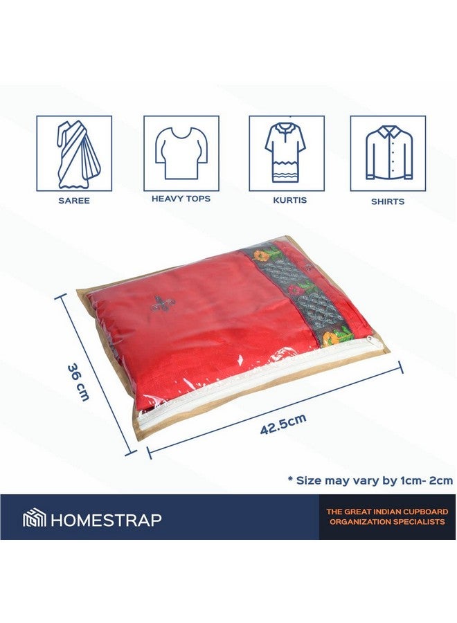 HomeStrap HomeStrap Polypropylene Set Of 24 Foldable Single Saree Covers/Clothes Storage Bag/Wardrobe Organizer With Transparent Top And Zip For Lehenga,Suit,Dress,& Accessories(Beige)(Featured On Shark Tank)  - Image 2