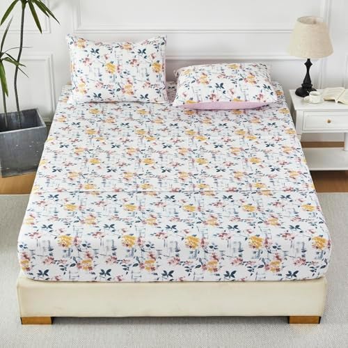 URBONUR Vintage Floral Printed Sheet Set Queen Size, 4-Piece - 100% Egyptian Cotton Sateen, Deep Pocket Cooling & Breathable Bedsheets - Purple Yellow Wildflowers Pattern, Soft Silky Bedding - Image 2