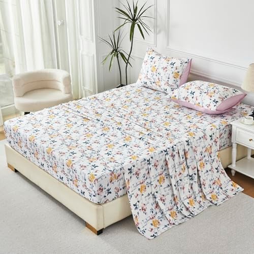 URBONUR Vintage Floral Printed Sheet Set Queen Size, 4-Piece - 100% Egyptian Cotton Sateen, Deep Pocket Cooling & Breathable Bedsheets - Purple Yellow Wildflowers Pattern, Soft Silky Bedding - Image 3