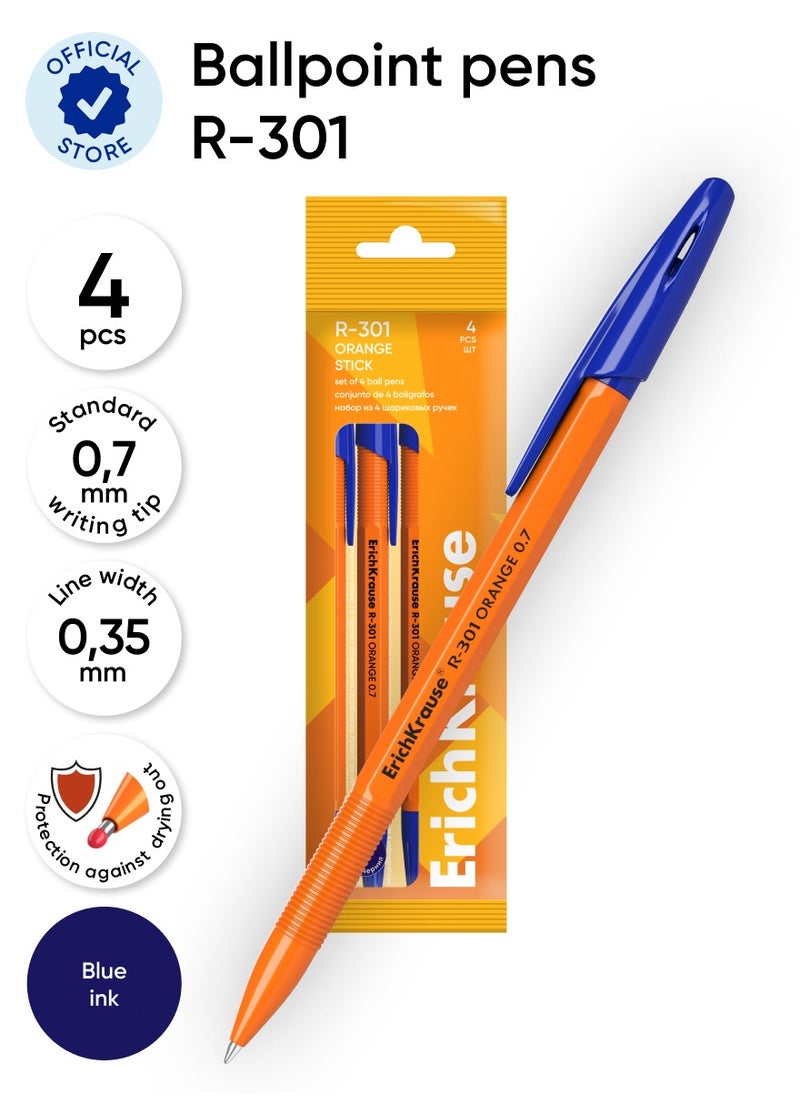 ErichKrause - مجموعة من 4 أقلام حبر جاف R-301 Stick Orange 0.7، لون الحبر: أزرق (في كيس بلاستيكي) - Image 1
