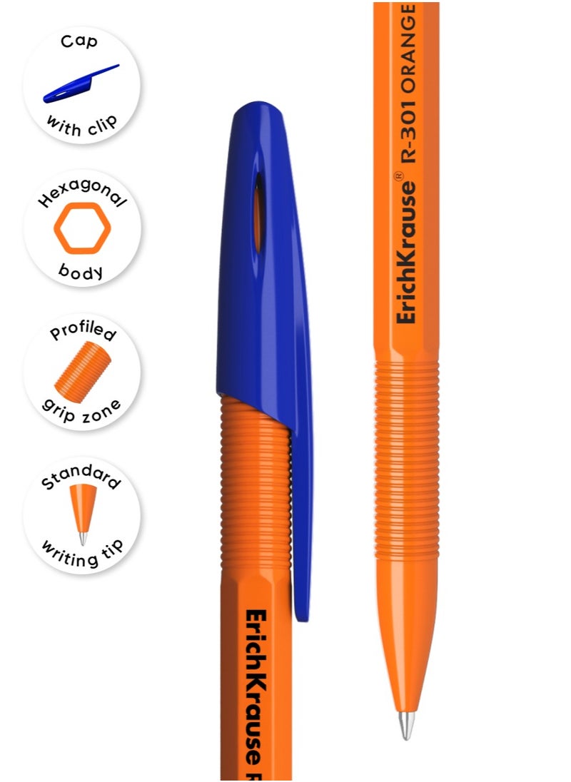 ErichKrause - مجموعة من 4 أقلام حبر جاف R-301 Stick Orange 0.7، لون الحبر: أزرق (في كيس بلاستيكي) - Image 1