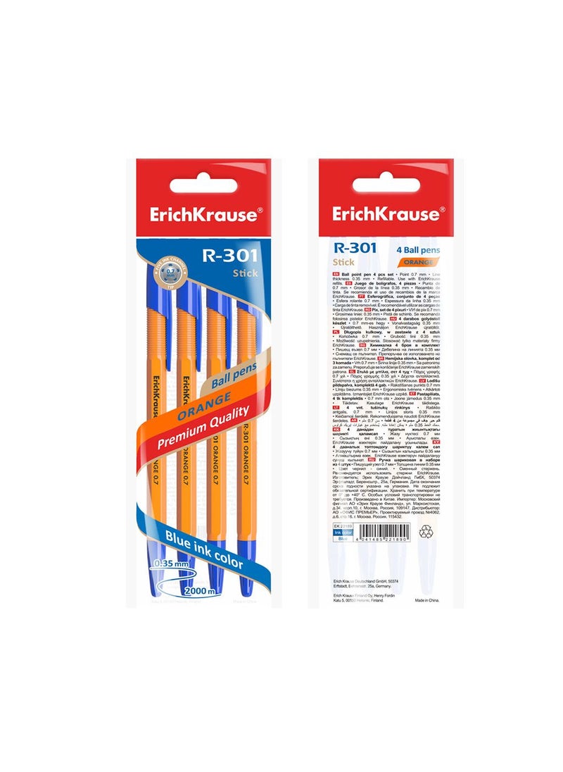 ErichKrause - مجموعة من 4 أقلام حبر جاف R-301 Stick Orange 0.7، لون الحبر: أزرق (في كيس بلاستيكي) - Image 1