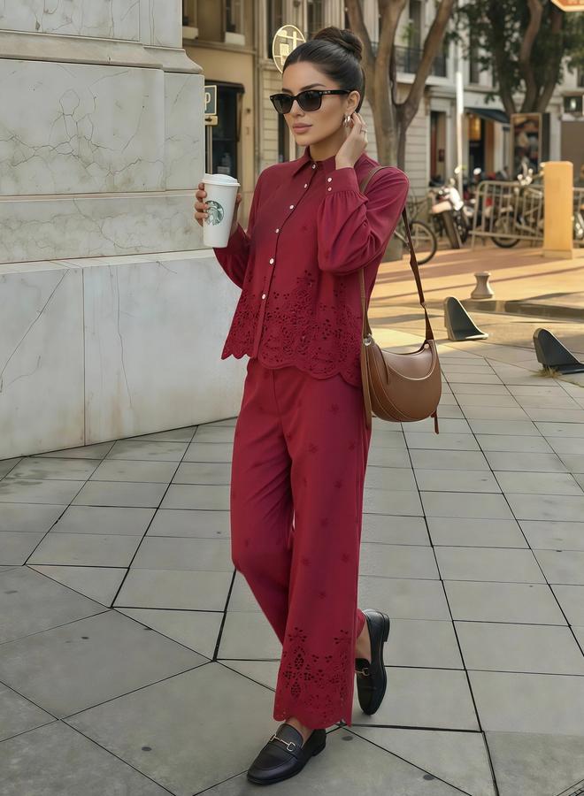 Styli Women Burgundy Schiffli Long Sleeve Shirt - Image 1