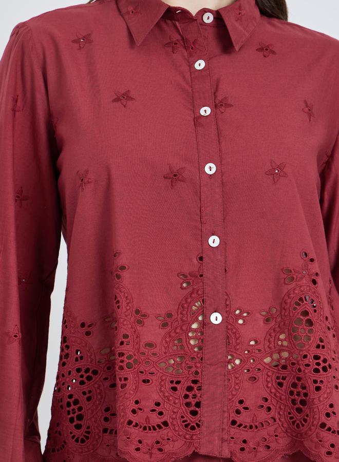 Styli Women Burgundy Schiffli Long Sleeve Shirt - Image 4