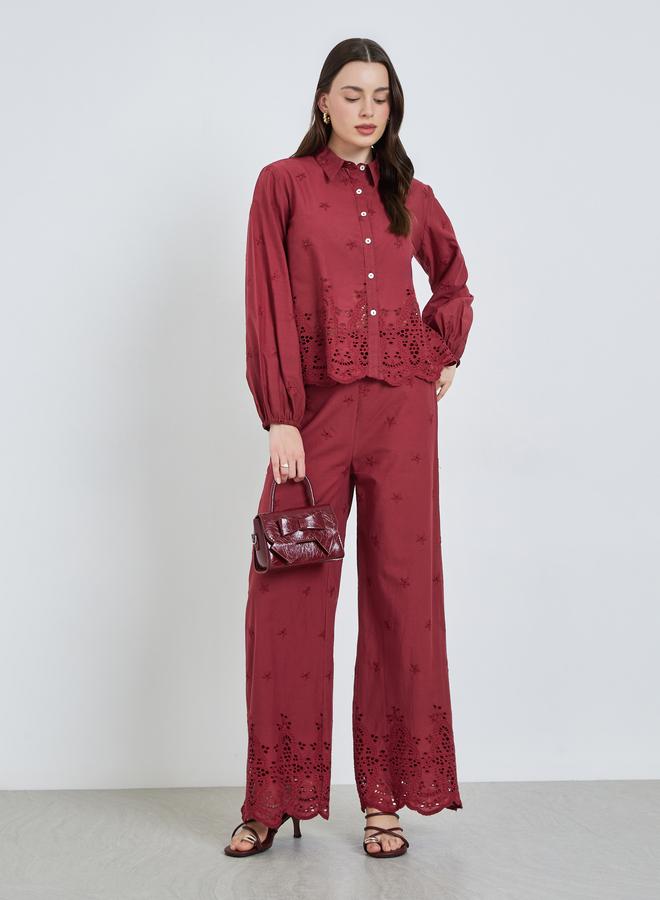 Styli Women Burgundy Schiffli Long Sleeve Shirt - Image 3