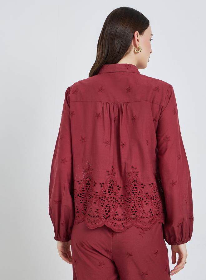 Styli Women Burgundy Schiffli Long Sleeve Shirt - Image 5