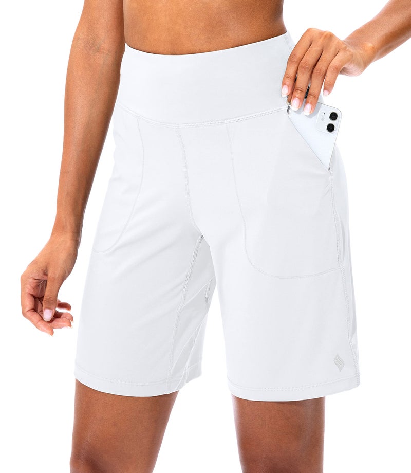 SANTINY Bermuda Shorts for Women with Zipper Pocket Womens High Waisted Long Shorts for Running Workout Athletic(White_L) - Image 1