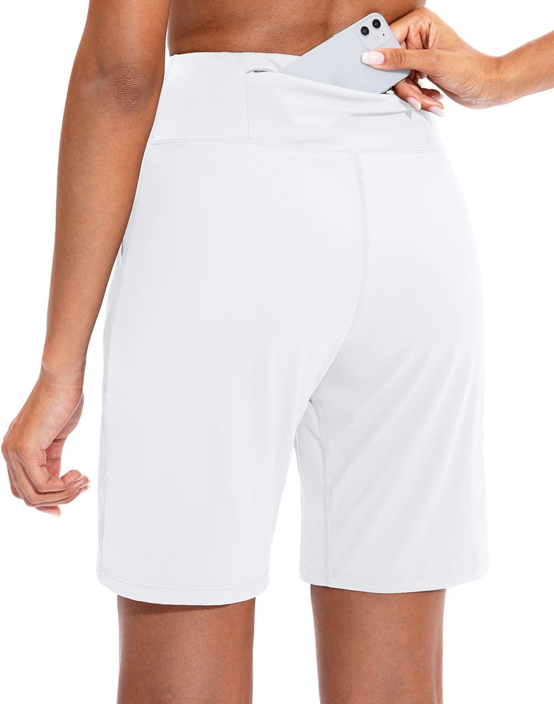 SANTINY Bermuda Shorts for Women with Zipper Pocket Womens High Waisted Long Shorts for Running Workout Athletic(White_L) - Image 2