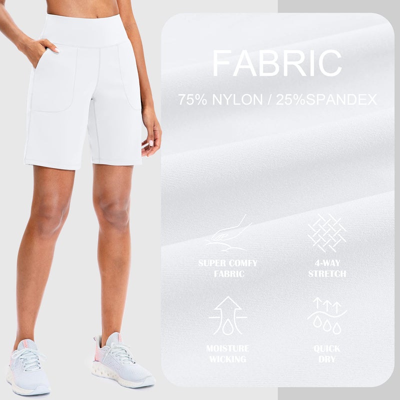SANTINY Bermuda Shorts for Women with Zipper Pocket Womens High Waisted Long Shorts for Running Workout Athletic(White_L) - Image 5