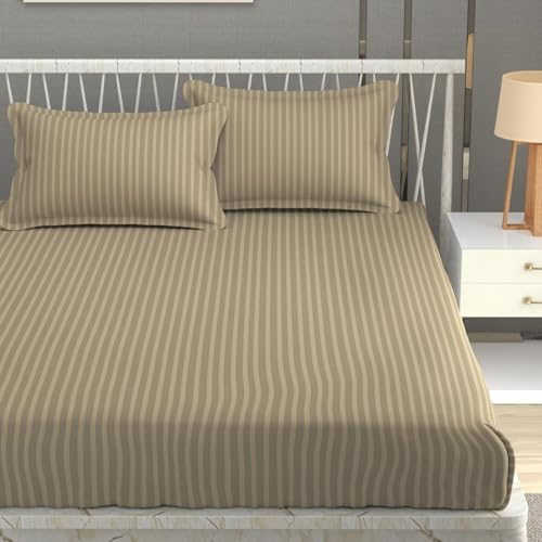 Blue Strip 220 TC Glace Cotton Satin Stripes Plain Bedsheet for Double Bed with Two Pillow Covers for Home/Hotels/Guest House,Size-90x90 Inches(Flat) (Khakhi) - Image 1