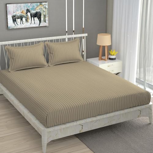 Blue Strip 220 TC Glace Cotton Satin Stripes Plain Bedsheet for Double Bed with Two Pillow Covers for Home/Hotels/Guest House,Size-90x90 Inches(Flat) (Khakhi) - Image 2