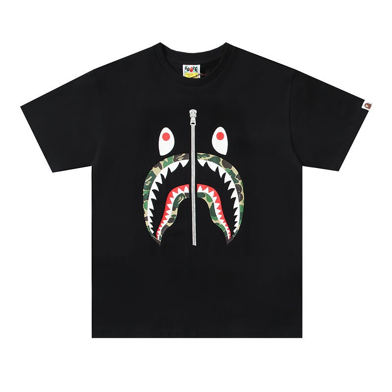 Japanese Trendy Brand Luminous Camouflage Embroidered Shark Print Short-Sleeved T-Shirt For Men And Women, Loose Half-Sleeved Shirt - Image 3