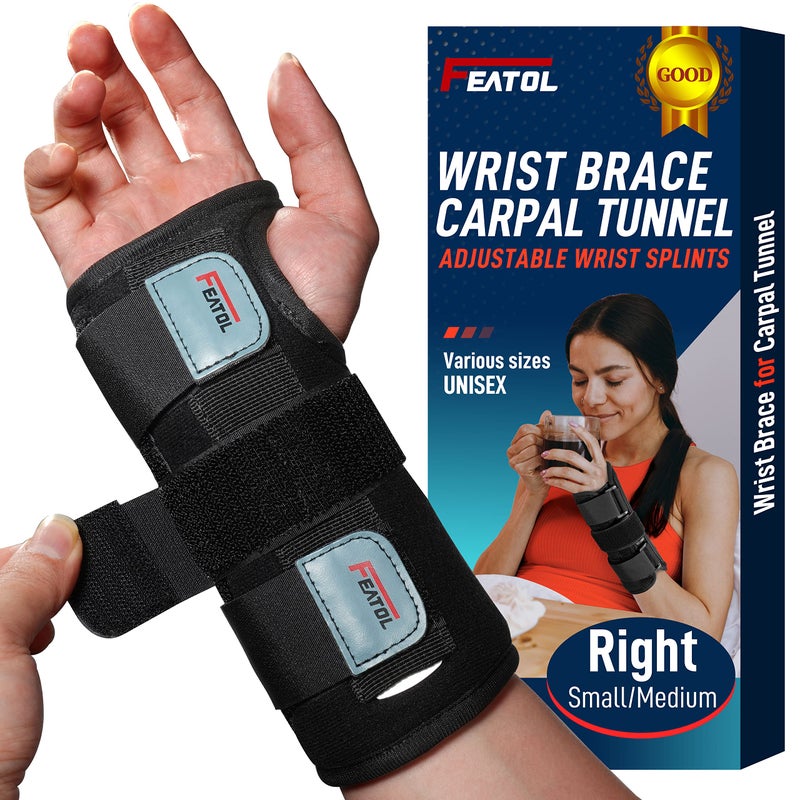 FEATOL Wrist Brace for Carpal Tunnel, Adjustable Night Wrist Support Brace with Splints Right Hand, Small/Medium, Hand Support for Arthritis, Tendonitis, Sprain, Injuries, Wrist Pain - Image 1