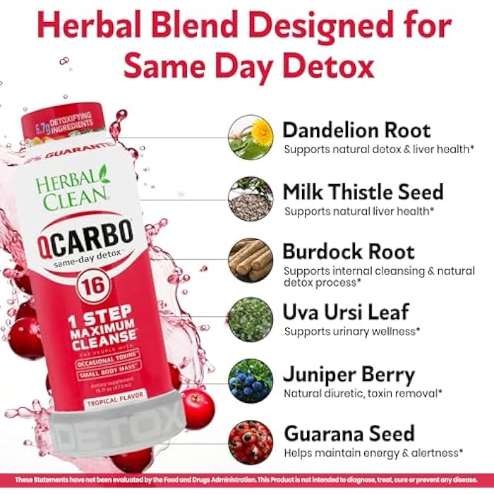 Herbal Clean Qcarbo16 Same-Day Detox Cleanse Drink (16 fl oz) - Tropical Flavor Full Body Cleanse* Detox Drink for Moderate Toxin Level*, Vitamin B2 and Vitamin B12 for Men & Women - Image 4