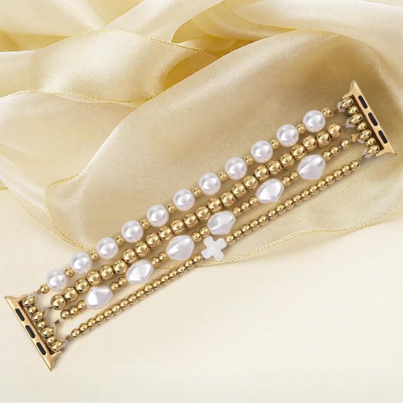 AIRSPO Gold Beaded Bracelets Compatible for Apple Watch Band 38mm 40mm 41mm 42mm 44mm 45mm Women, Fashion Handmade Dressy iPhone Watch Bands Elastic Strap for iWatch Series SE 8 7 6 5 4 3 2 1 (Cross White, 38mm/40mm/41mm-S(5.3"-6.2")) - Image 5