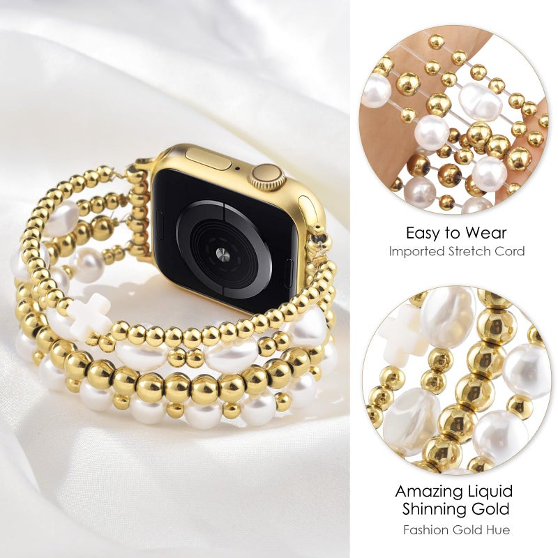 AIRSPO Gold Beaded Bracelets Compatible for Apple Watch Band 38mm 40mm 41mm 42mm 44mm 45mm Women, Fashion Handmade Dressy iPhone Watch Bands Elastic Strap for iWatch Series SE 8 7 6 5 4 3 2 1 (Cross White, 38mm/40mm/41mm-S(5.3"-6.2")) - Image 2