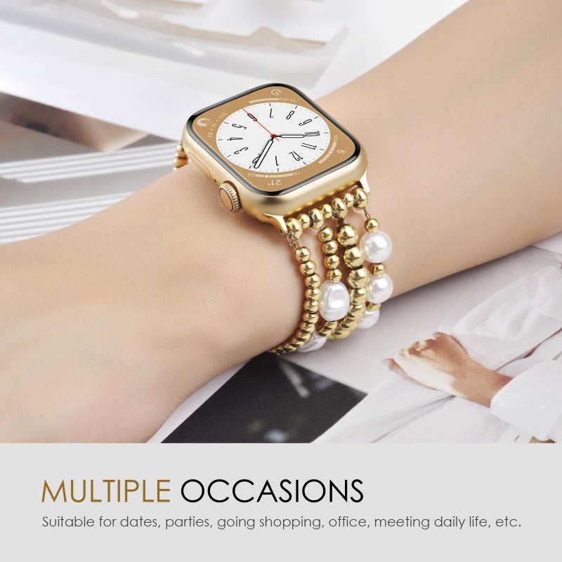 AIRSPO Gold Beaded Bracelets Compatible for Apple Watch Band 38mm 40mm 41mm 42mm 44mm 45mm Women, Fashion Handmade Dressy iPhone Watch Bands Elastic Strap for iWatch Series SE 8 7 6 5 4 3 2 1 (Cross White, 38mm/40mm/41mm-S(5.3"-6.2")) - Image 3