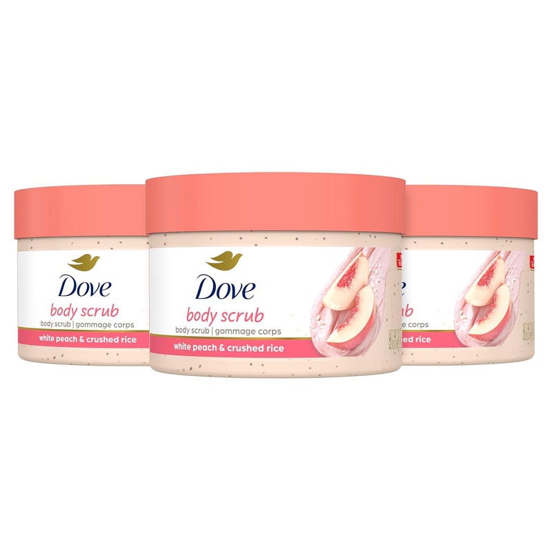 Dove دوف مقشر الجسم خوخ أبيض أرز مهروس 3 عد لنعومة مرئية و بشرة مغذية مع كريم مرطب