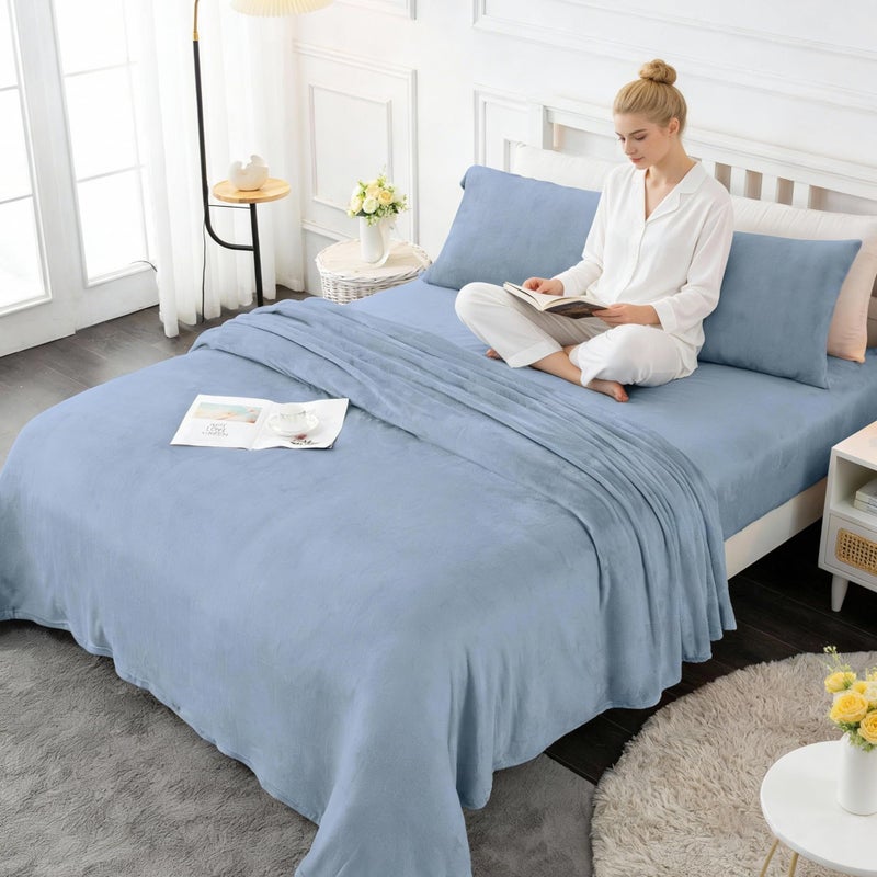Viviland Micro Fleece Full Bed Sheet Set, Soft Flannel-Like Polar Fleece Velvet/Velour Bed Sheets with 15" Deep Pocket, Warm Winter Double Sheets & Pillowcase Set, Light Blue - Image 5