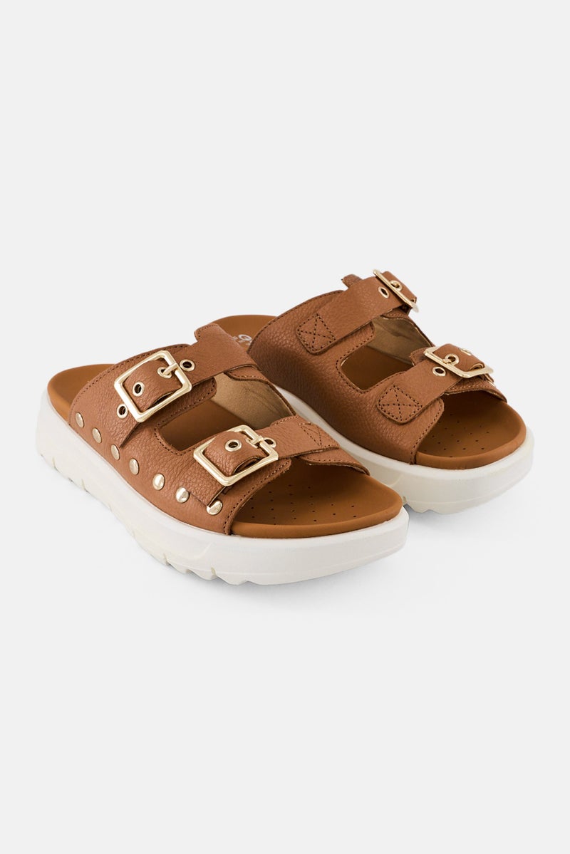 GEOX Women Slip On Leather Sandal, Brown - Image 1
