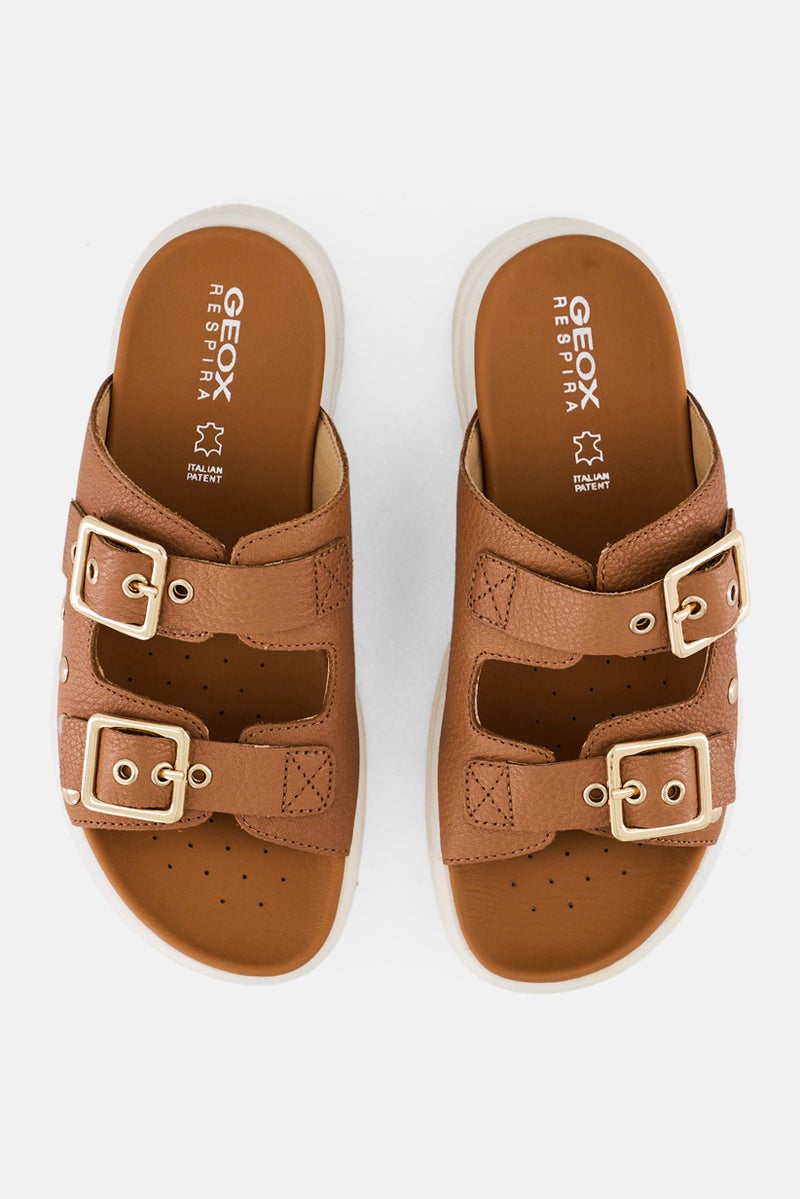 GEOX Women Slip On Leather Sandal, Brown - Image 3