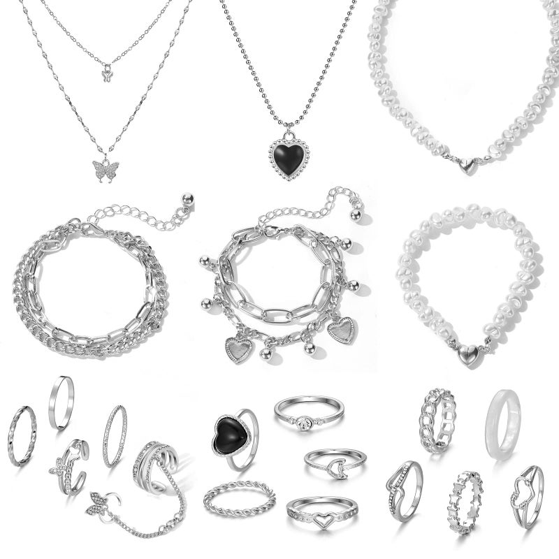 IFKM 21 PC Silver Plated Jewelry Set with 3 Necklace, 3 Bracelet, 15 Knuckle Rings for Women - Valentine, Anniversary, Birthday, Friendship - Cute Fashion Gifts - Image 1