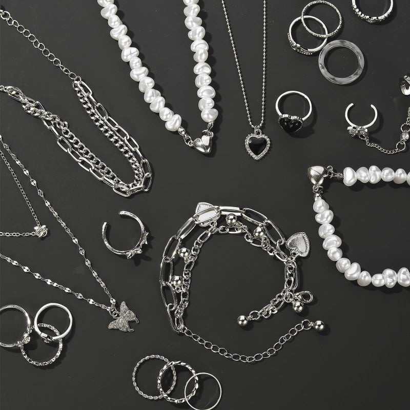 IFKM 21 PC Silver Plated Jewelry Set with 3 Necklace, 3 Bracelet, 15 Knuckle Rings for Women - Valentine, Anniversary, Birthday, Friendship - Cute Fashion Gifts - Image 2