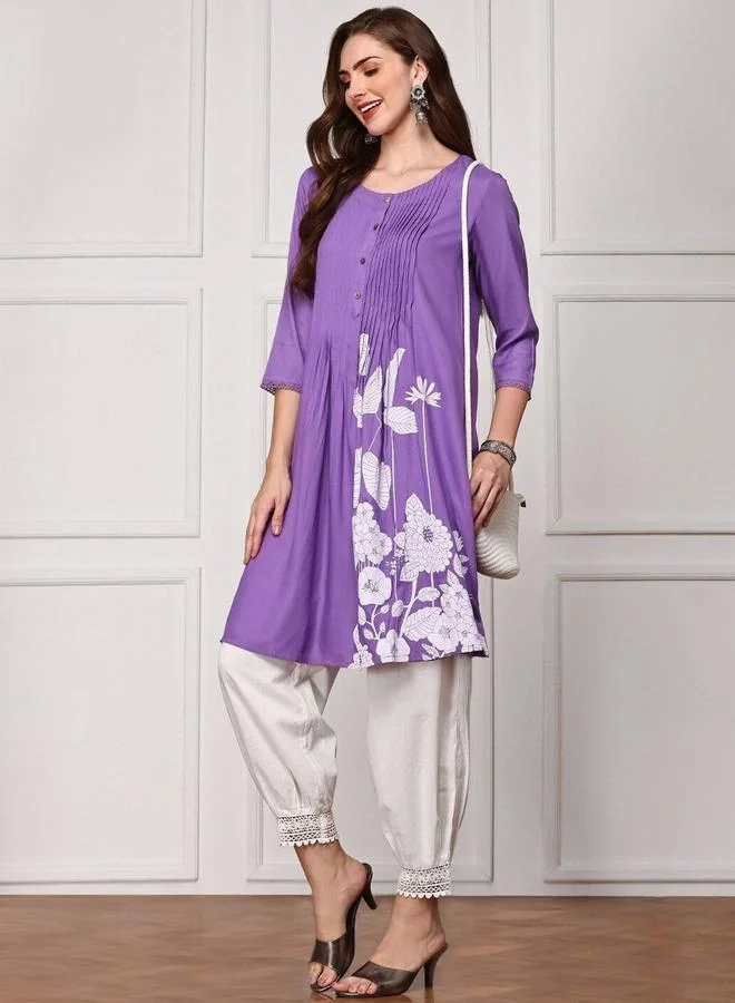 ISHIN Women's Lavender Rayon Printed Tunic Straight Fit Kurta