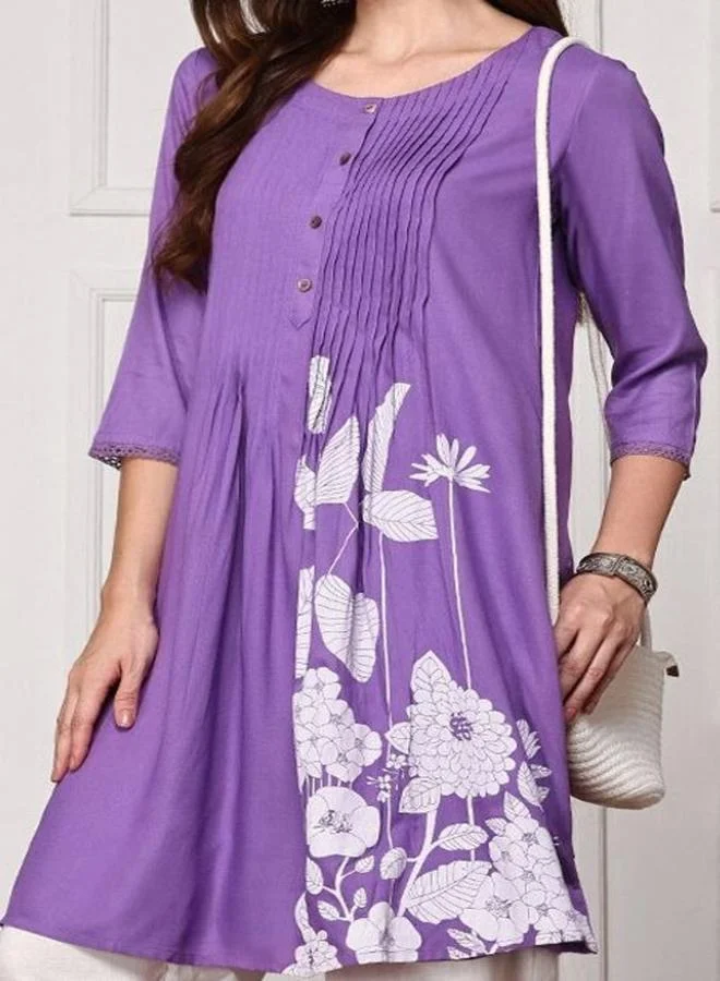 ISHIN Women's Lavender Rayon Printed Tunic Straight Fit Kurta